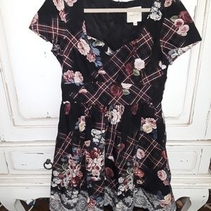 Plaid floral cotton fit flare dress
